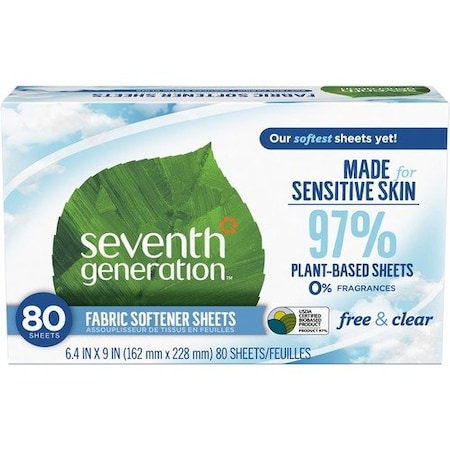 Seventh Generation Laundry Dryer Sheets, Free&Clear, White, 80PK SEV44930